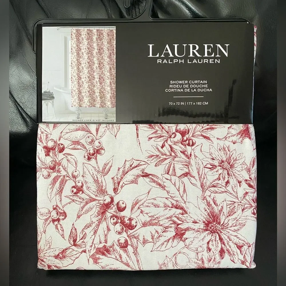 Ralph Lauren White Red Floral 100% Cotton Fabric Shower Curtain 70